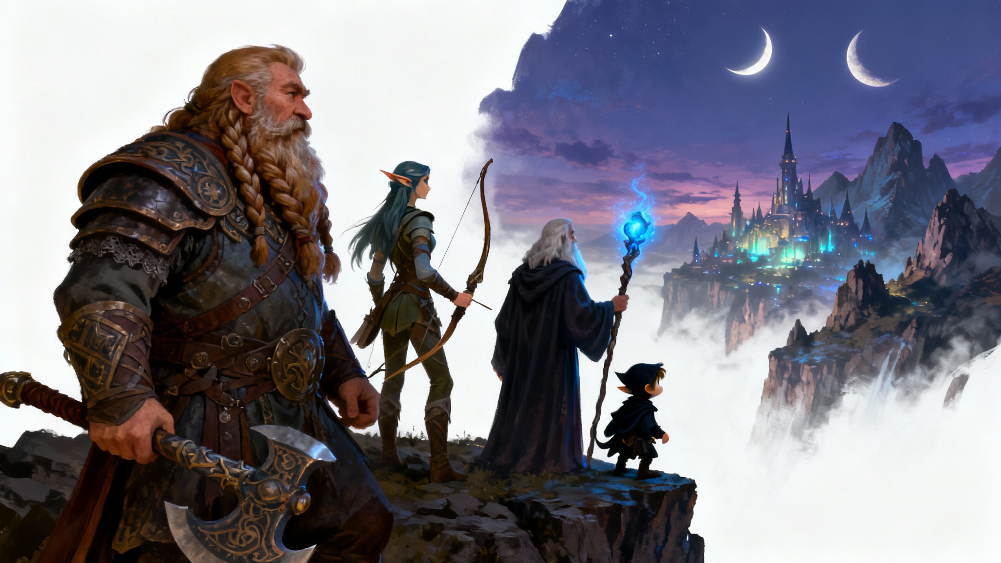 A digital painting of a Dungeons and Dragons party, a dwarf, elf, wizard, and halfling on a cliff overlooking a fantasy landscape, showcased against a white background.