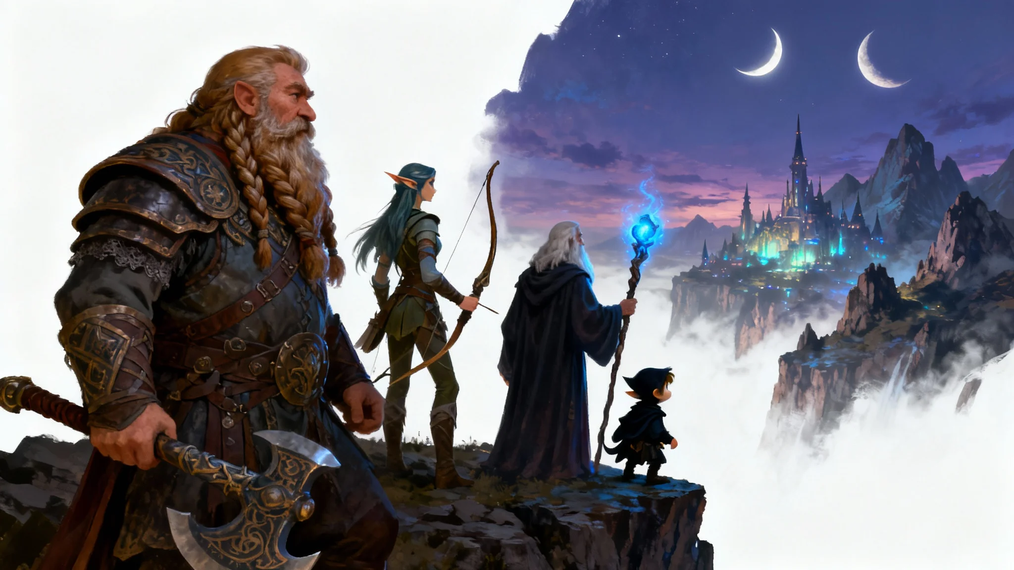 A digital painting of a Dungeons and Dragons party, a dwarf, elf, wizard, and halfling on a cliff overlooking a fantasy landscape, showcased against a white background.