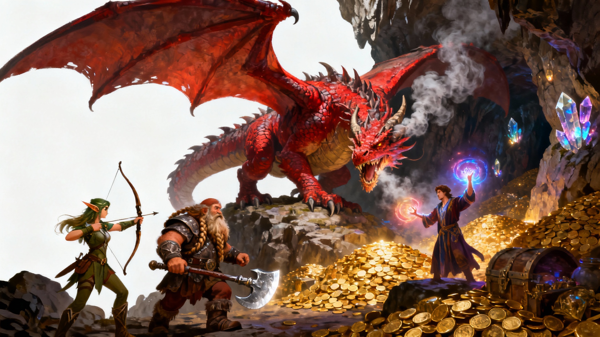 An epic digital painting of a Dungeons & Dragons scene, showing a party of adventurers, an elf, a dwarf, and a wizard, facing off against a giant red dragon in a treasure-filled cave. The artwork is presented on a clean white background.