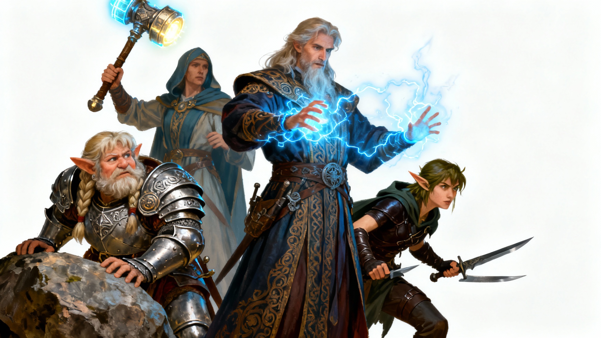 A high-fantasy digital painting of a Dungeons and Dragons adventuring party, a dwarf cleric, an elf rogue, and a human sorcerer, preparing for battle, isolated on a white background.