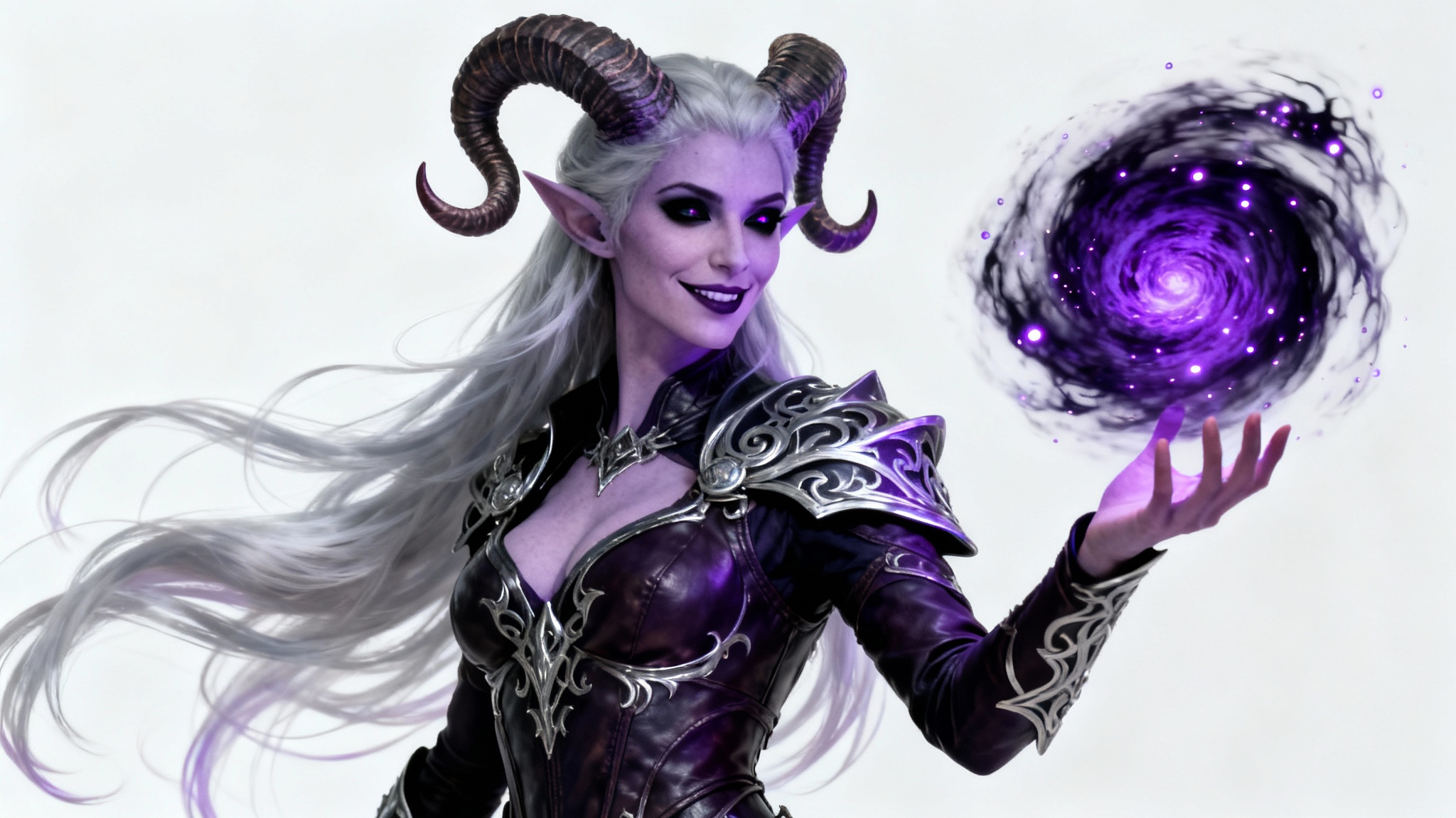 Concept art portrait of a female Tiefling Warlock with lavender skin and glowing purple eyes, casting a magical spell against a plain white background.