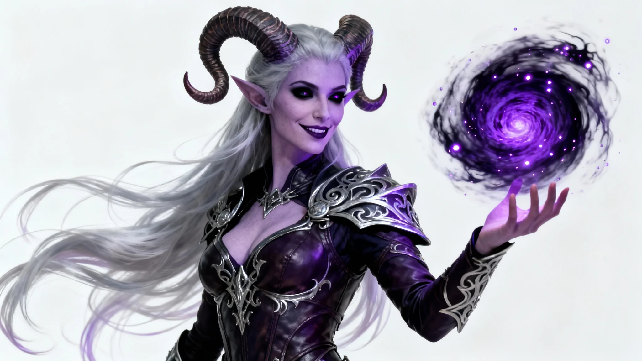 Concept art portrait of a female Tiefling Warlock with lavender skin and glowing purple eyes, casting a magical spell against a plain white background.