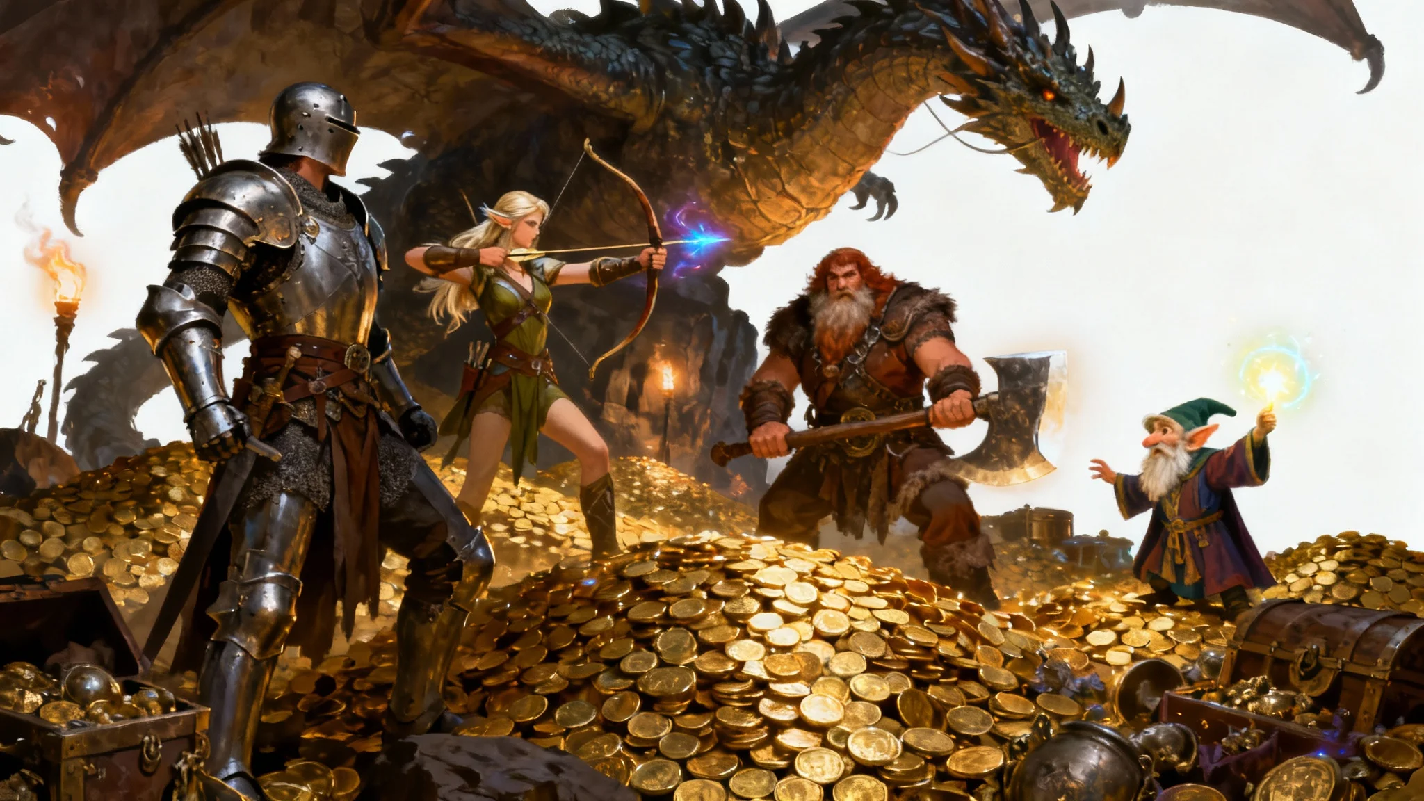 A digital fantasy illustration of a Dungeons & Dragons party, a knight, an elf archer, a dwarf warrior, and a gnome wizard in a treasure-filled dragon's lair, showcased against a white background.