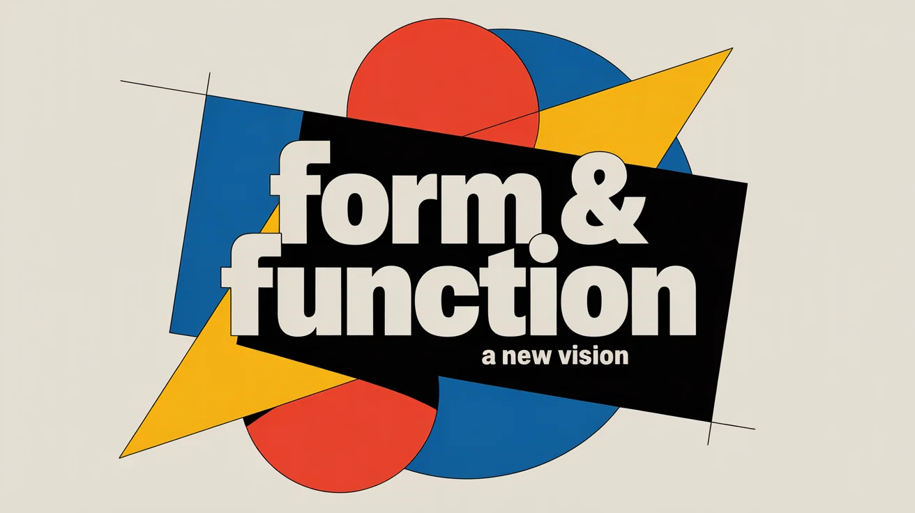 A Bauhaus style poster in a 16:9 aspect ratio, featuring a clean white background with geometric shapes in red, yellow, and blue. The text 'FORM & FUNCTION' is prominently displayed in a bold, black sans-serif font.