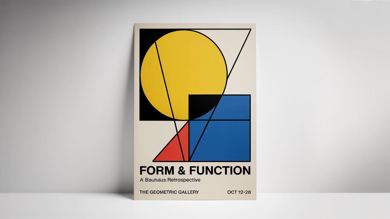A mockup of a Bauhaus style poster against a white background. The poster features geometric shapes in red, yellow, and blue, with black lines and text advertising an exhibition titled 'FORM & FUNCTION'.