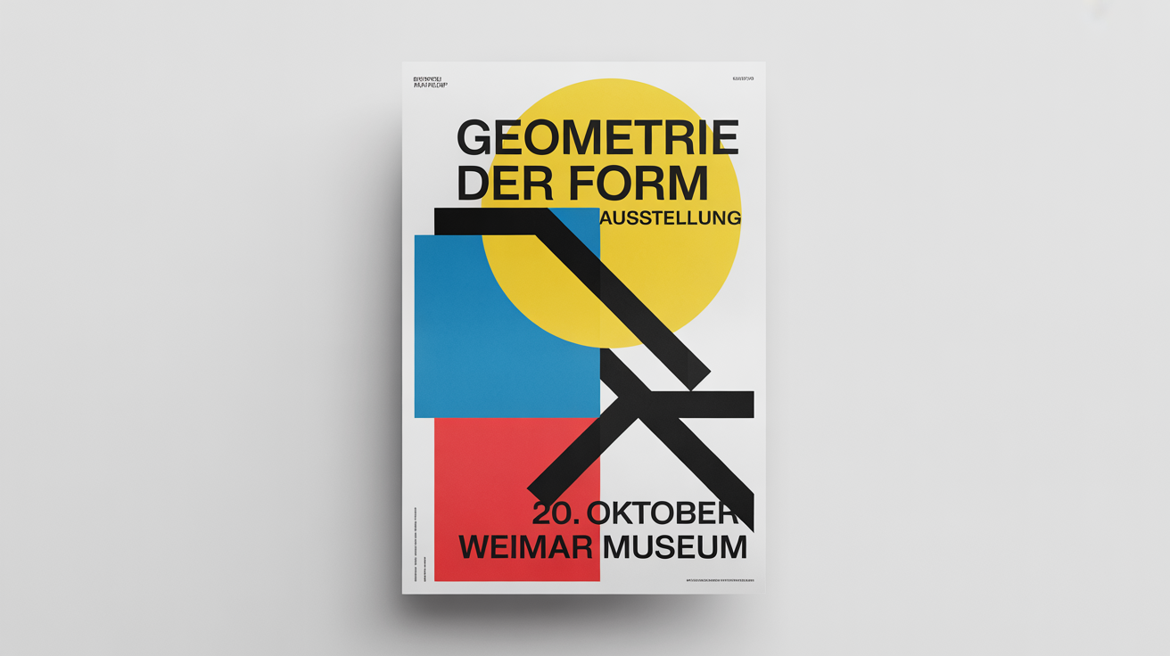 A mockup of a poster designed in the Bauhaus style, featuring geometric shapes in red, yellow, and blue, with black lines and text for a fictional exhibition.
