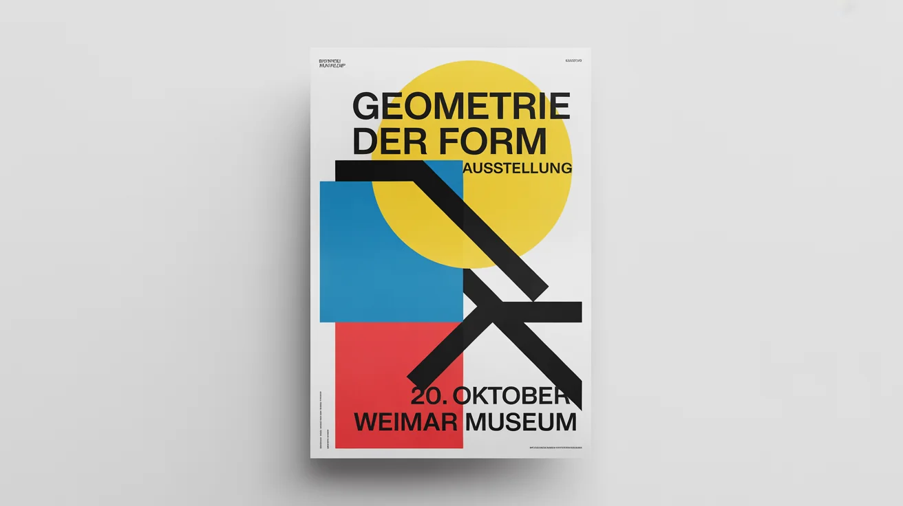 A mockup of a poster designed in the Bauhaus style, featuring geometric shapes in red, yellow, and blue, with black lines and text for a fictional exhibition.