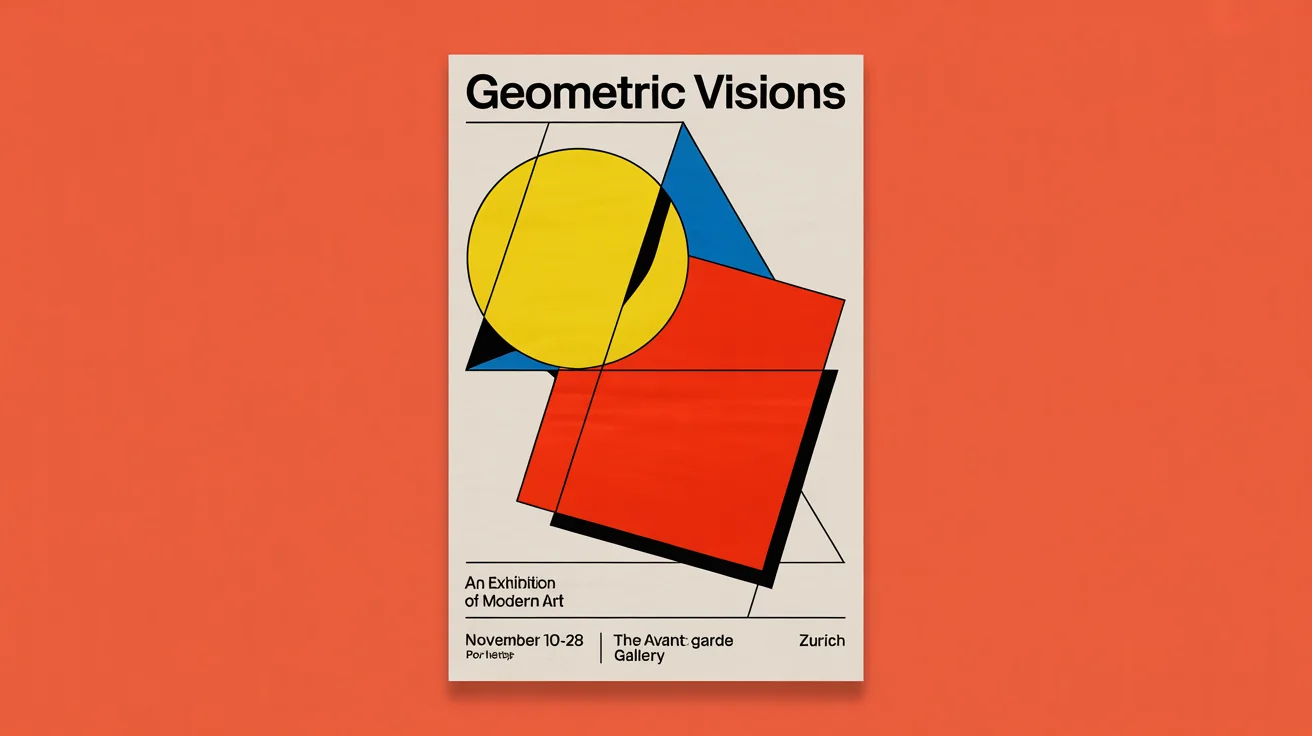 A Bauhaus style poster mockup for a modern art exhibition titled 'GEOMETRIC VISIONS'. The design features a yellow circle, a red square, and black lines against a white background with event details.