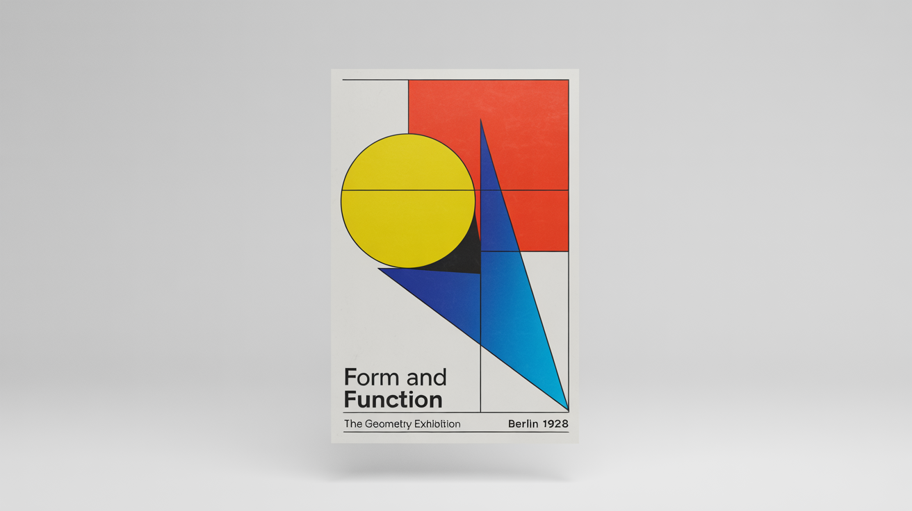 A Bauhaus style poster mockup with bold geometric shapes in red, yellow, and blue, featuring the text 'FORM AND FUNCTION' on a clean white background.