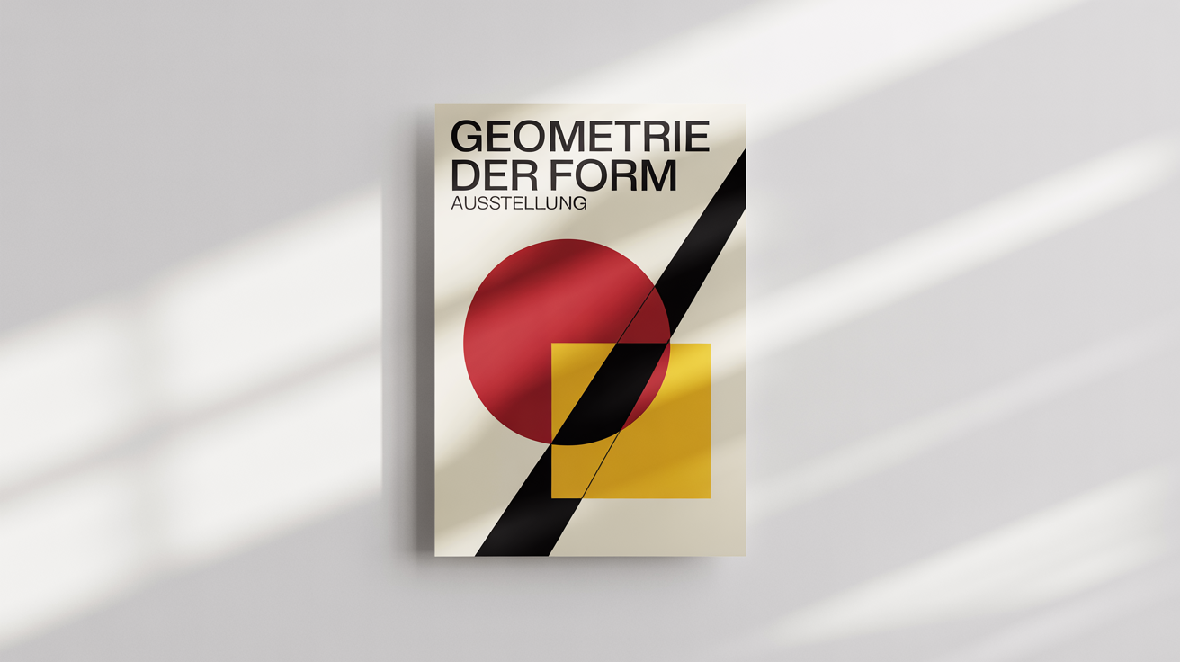 A mockup of a poster designed in the Bauhaus style, featuring bold geometric shapes like a red circle and a yellow square, with the German text 'GEOMETRIE DER FORM' and 'AUSSTELLUNG'.