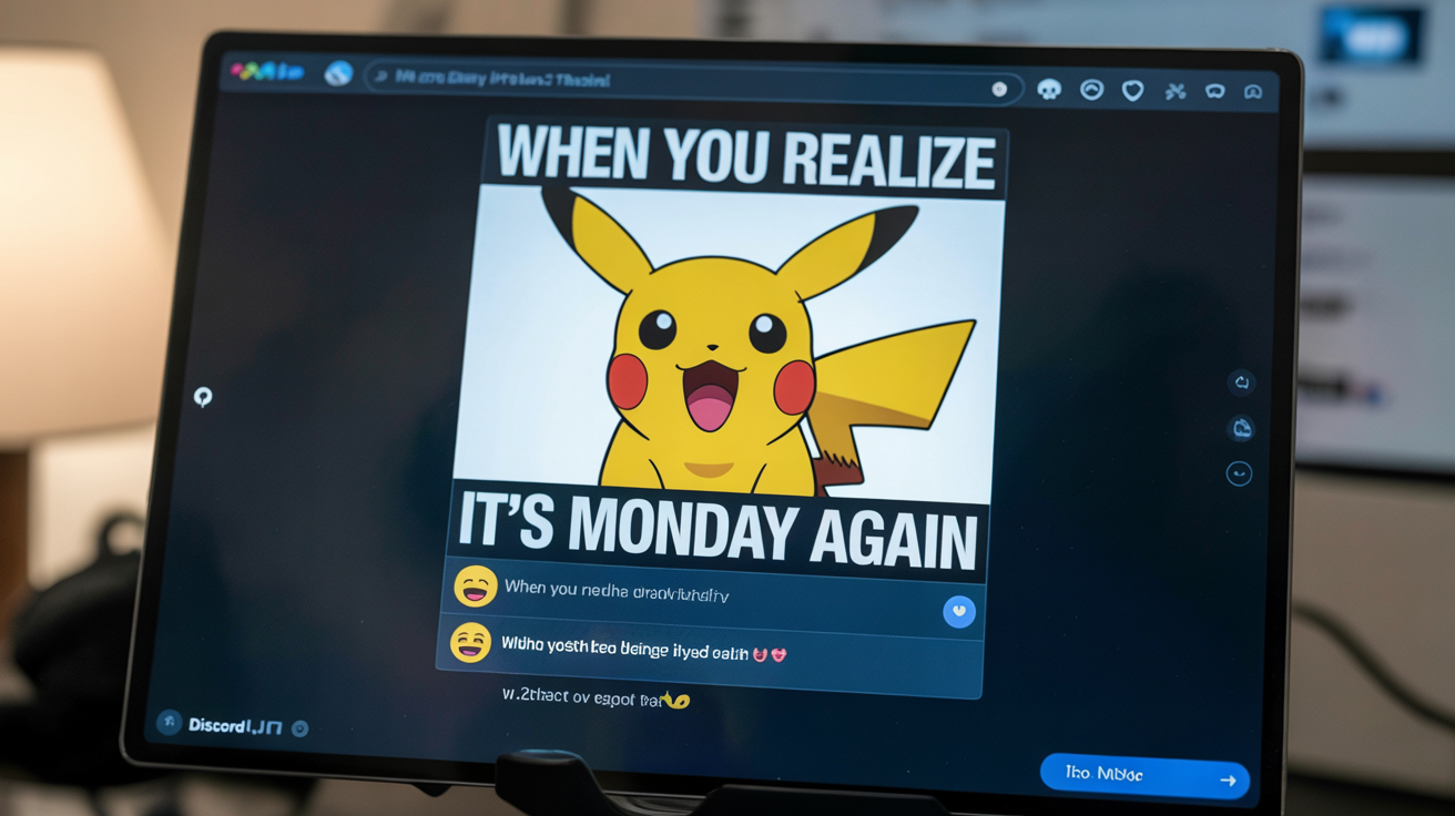 A screenshot of a Discord chat in dark mode, showing a user's final posted meme with the text 'When you realize it's Monday again', with several laughing and crying emoji reactions from other users below it.