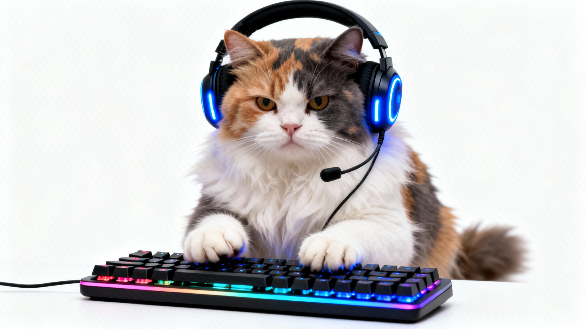 A photorealistic mockup of a Discord meme showing a serious-looking calico cat wearing a tiny glowing gaming headset, sitting in front of a miniature keyboard on a clean white background.