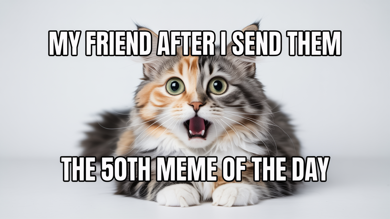 A funny meme mockup about sending too many memes on Discord, featuring a shocked-looking calico cat with text above and below it.