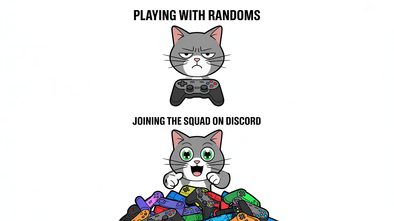 A two-panel meme comparing playing video games with random players versus with friends on Discord. The top panel shows a cartoon cat looking disgusted at a single game controller, with text 'Playing with randoms'. The bottom panel shows the same cat looking ecstatic at a pile of controllers, with text 'Joining the squad on Discord'.