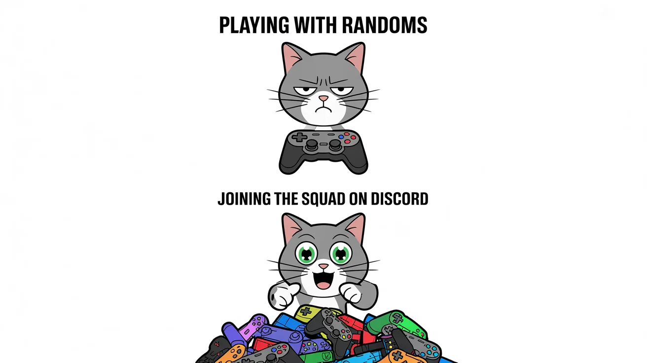 A two-panel meme comparing playing video games with random players versus with friends on Discord. The top panel shows a cartoon cat looking disgusted at a single game controller, with text 'Playing with randoms'. The bottom panel shows the same cat looking ecstatic at a pile of controllers, with text 'Joining the squad on Discord'.