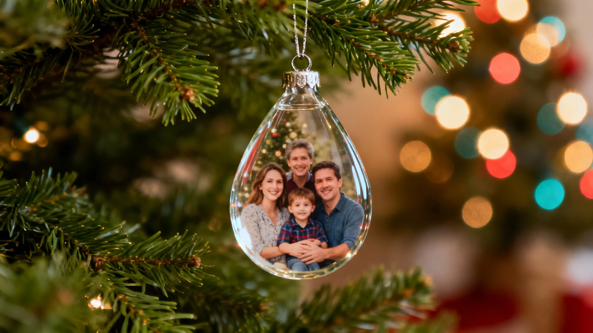 A close-up photo of a personalized transparent glass Christmas ornament hanging on a pine branch. A high-quality color photo of a family is visible inside the ornament, which reflects the beautiful, blurry Christmas lights behind it.