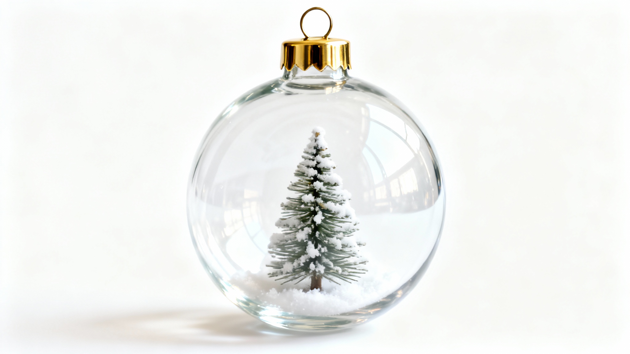 A close-up product mockup of a single transparent glass Christmas ornament containing a tiny, snow-covered pine tree, isolated on a stark white background.