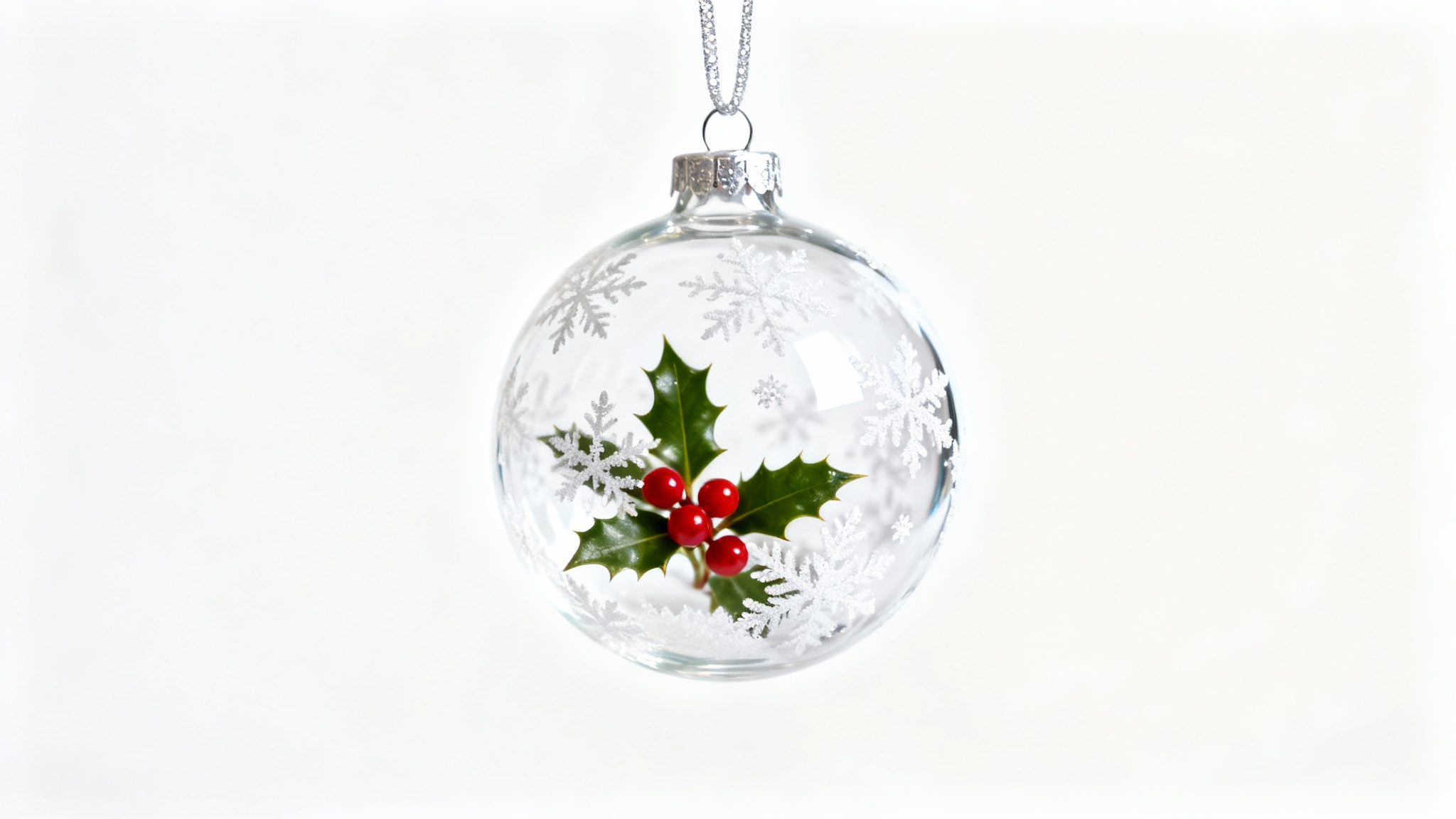 A photorealistic mockup of a single transparent glass Christmas ornament with delicate white snowflake patterns, containing a small holly sprig inside, set against a clean white background.