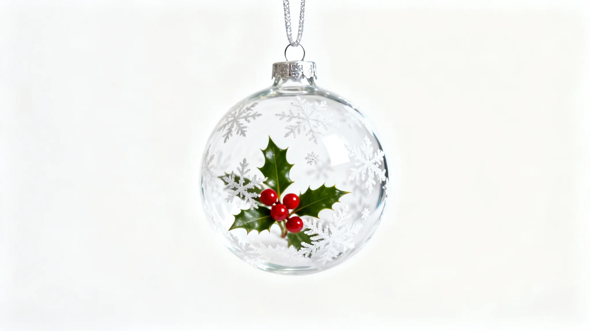 A photorealistic mockup of a single transparent glass Christmas ornament with delicate white snowflake patterns, containing a small holly sprig inside, set against a clean white background.
