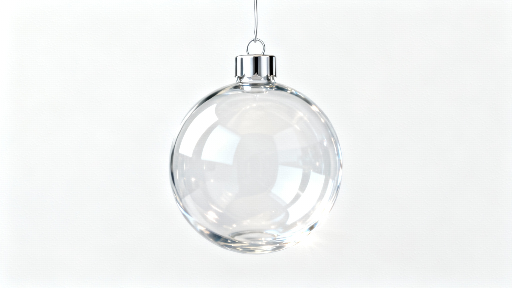 A photorealistic mockup of a single, clear glass Christmas ball ornament with a silver cap, hanging against a stark white background, showcasing its transparency and elegant design.
