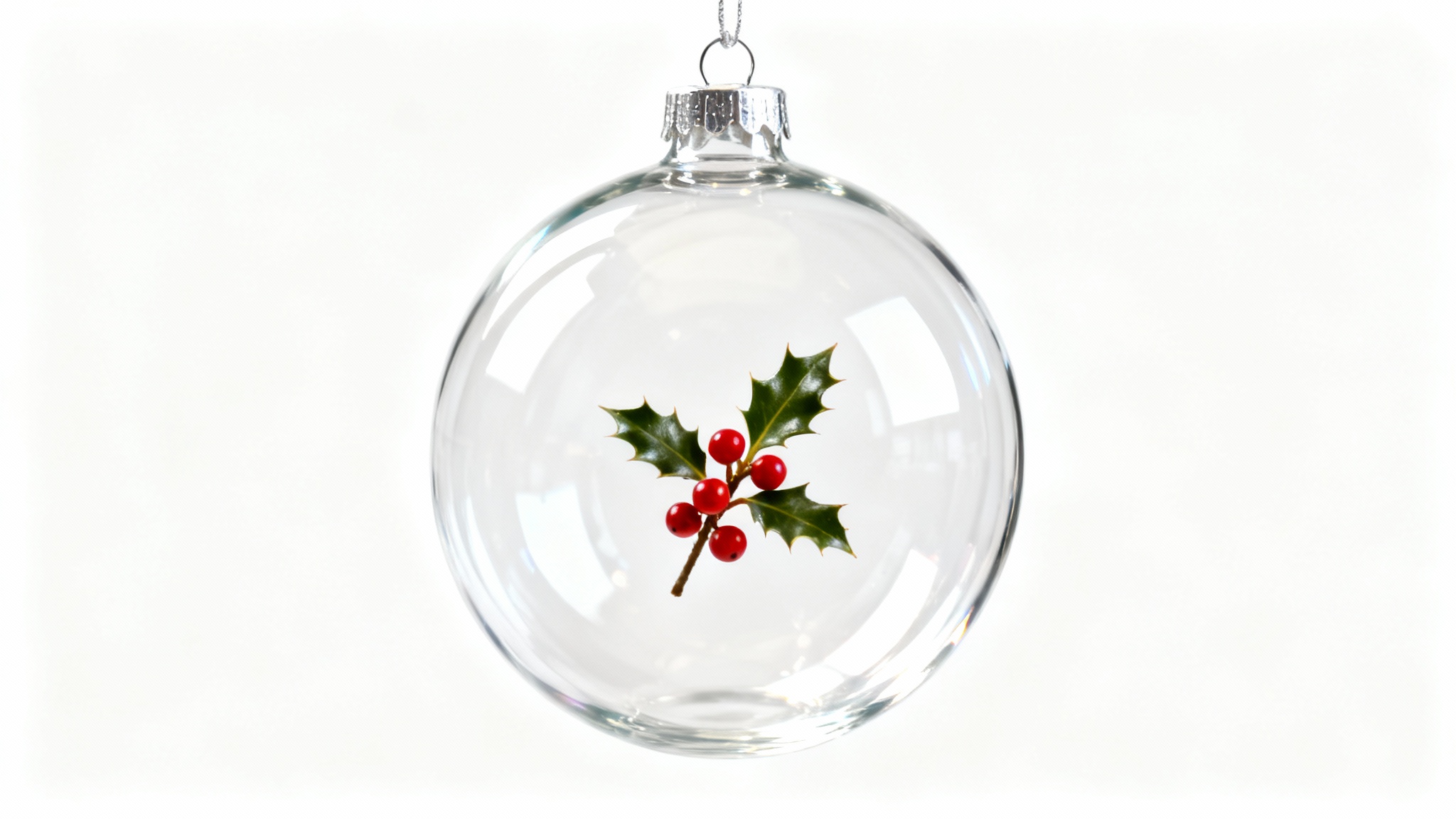 A photorealistic mockup of a single, clear glass Christmas ornament with a small sprig of holly inside, hanging against a plain white background.