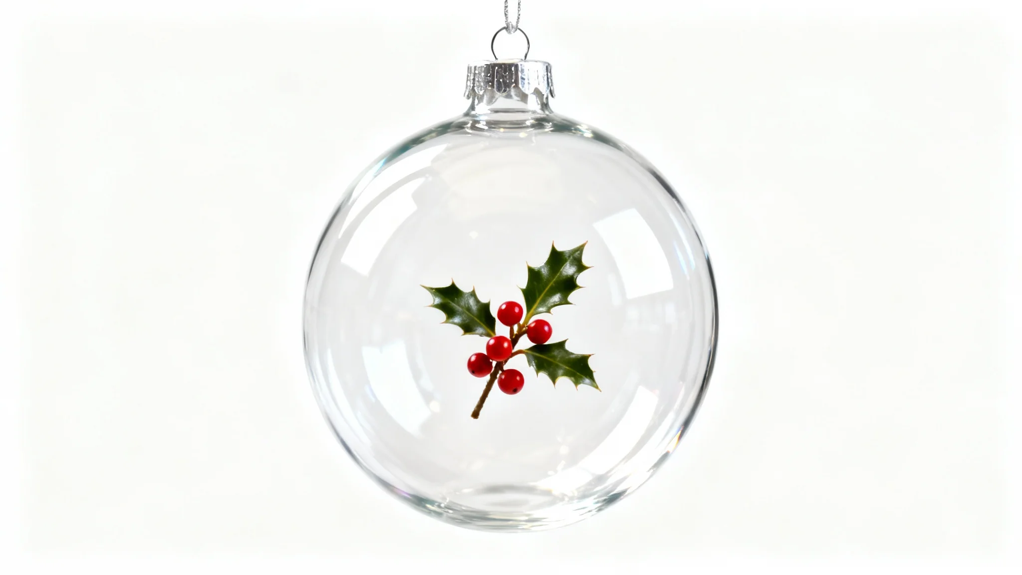 A photorealistic mockup of a single, clear glass Christmas ornament with a small sprig of holly inside, hanging against a plain white background.