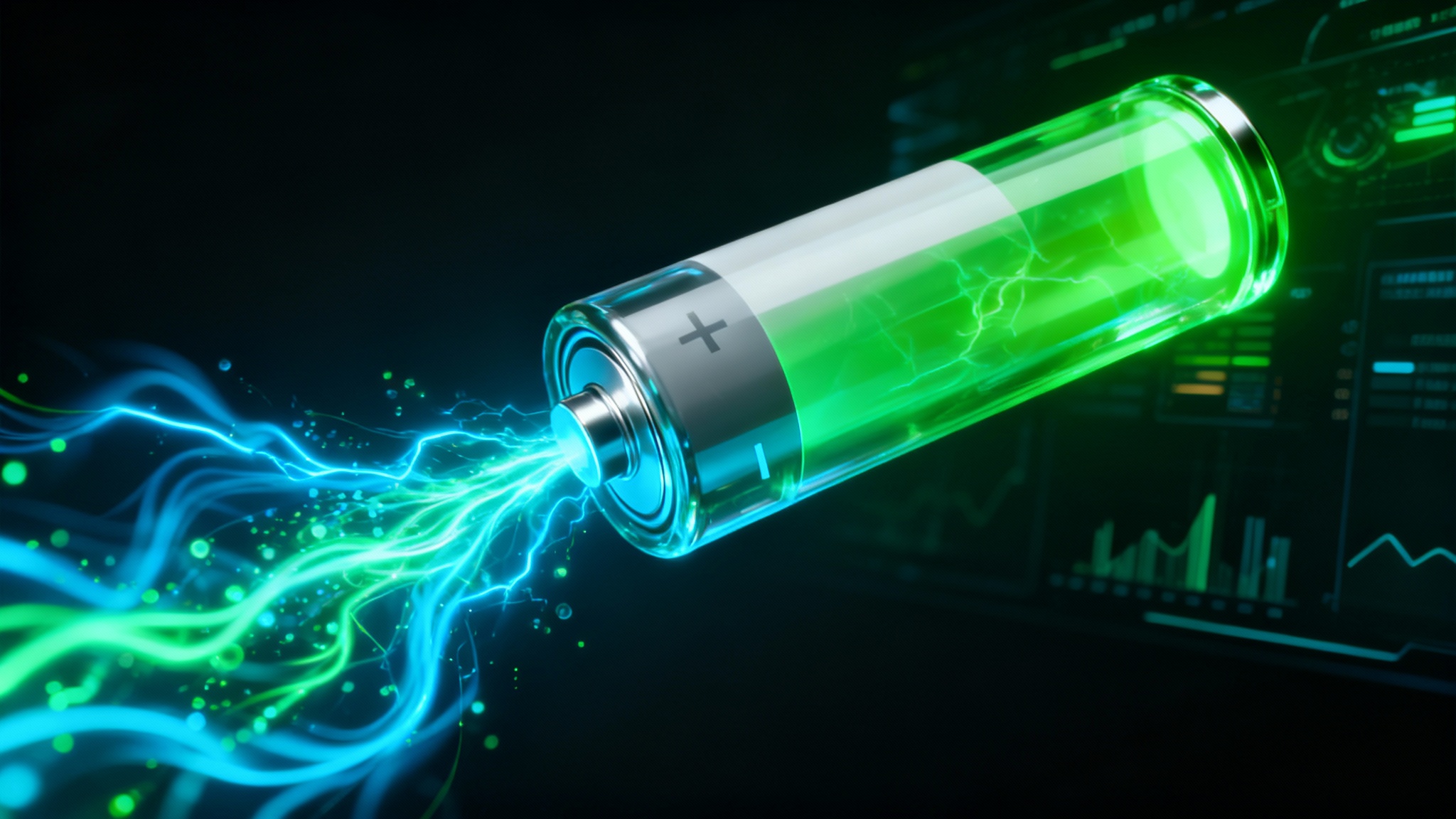 A high-tech hero image showing a sleek, modern battery nearly full of glowing green energy, with blue and green light streams flowing into it against a futuristic digital backdrop.