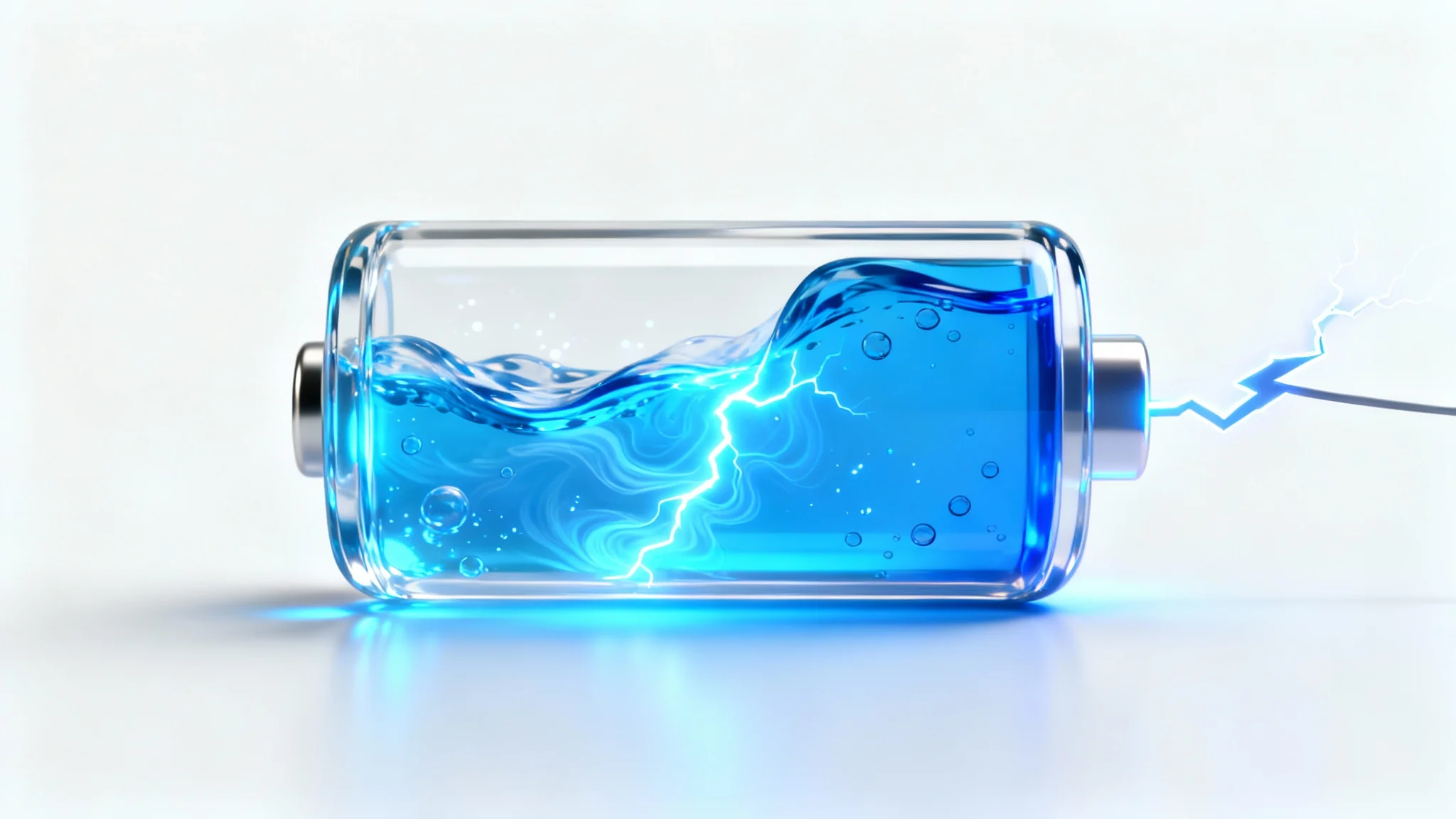 A stylized 3D render of a translucent glass battery icon, shown charging with glowing blue energy against a plain white background.