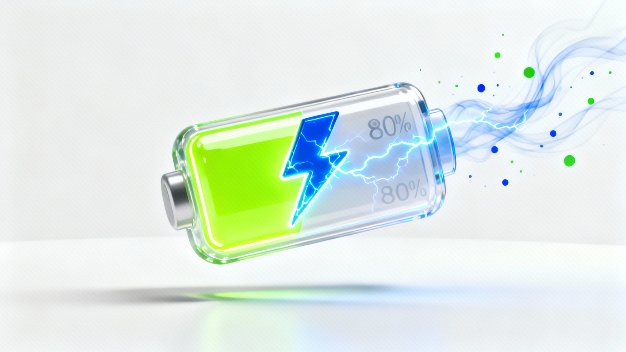 A 3D rendering of a battery icon charging, glowing with vibrant green and blue energy against a clean white background, symbolizing a fast and efficient battery charging animation.