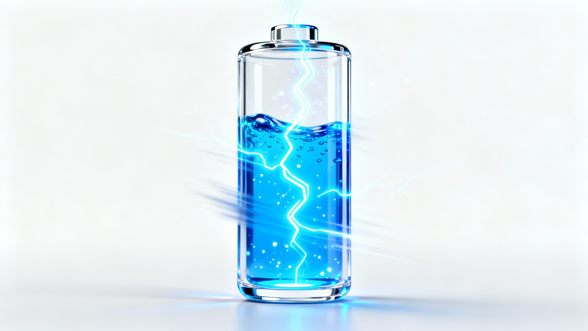 A modern 3D rendering of a battery charging, showing vibrant blue energy flowing into a sleek, translucent battery icon against a clean white background.
