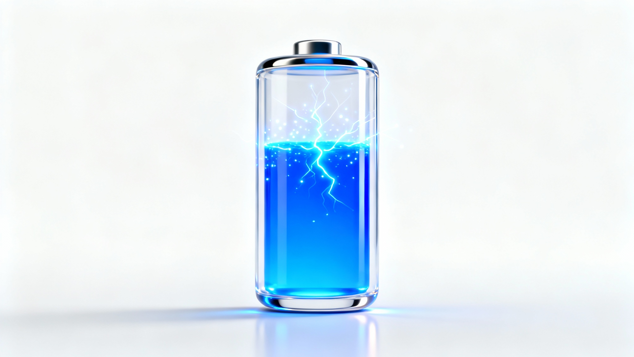 A 3D render of a sleek, transparent glass battery icon on a white background, partially filled with glowing blue energy to symbolize a charging animation.