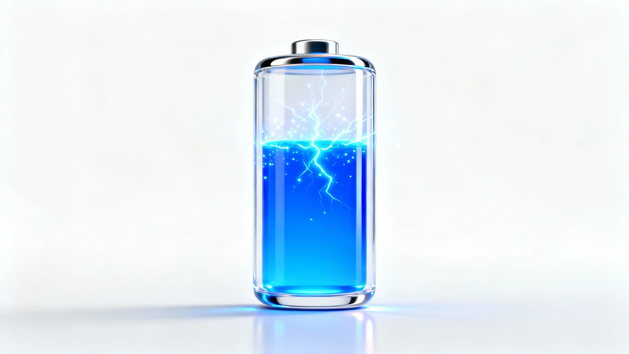 A 3D render of a sleek, transparent glass battery icon on a white background, partially filled with glowing blue energy to symbolize a charging animation.