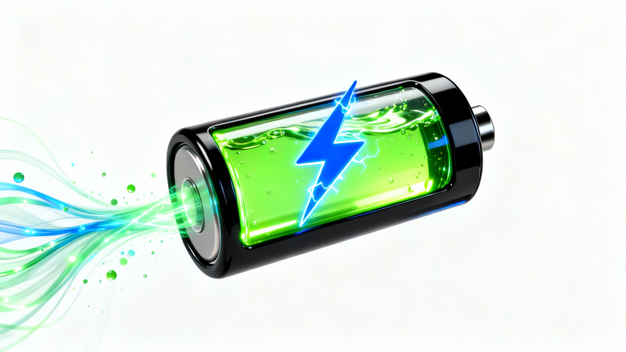 A stylized 3D animation still of a battery charging. The battery icon is partially filled with glowing green, has an electric blue lightning bolt on it, and energy particles are flowing into it against a white background.