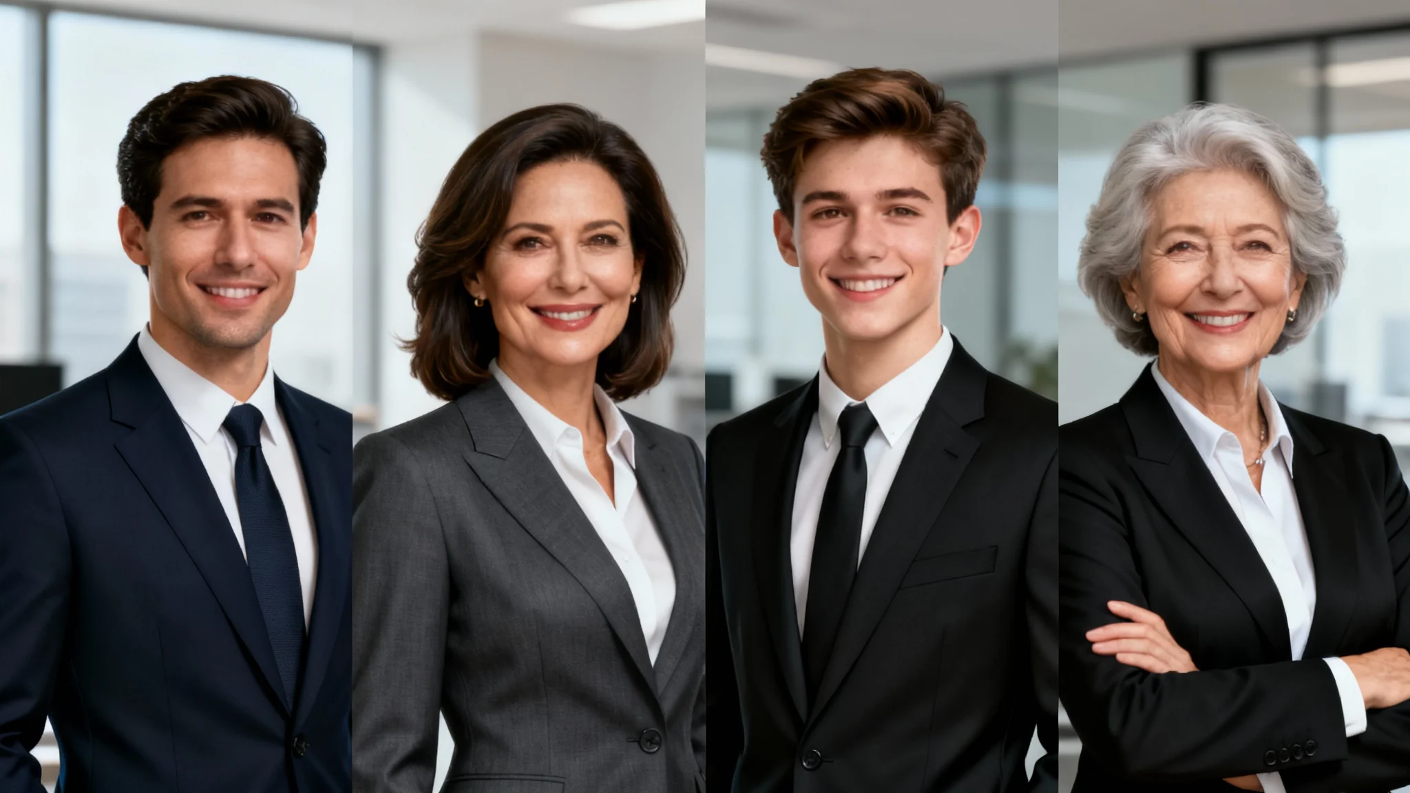 A collage of four professional headshots showing diverse people after having a suit digitally added to their photo, resulting in polished, corporate-style portraits.