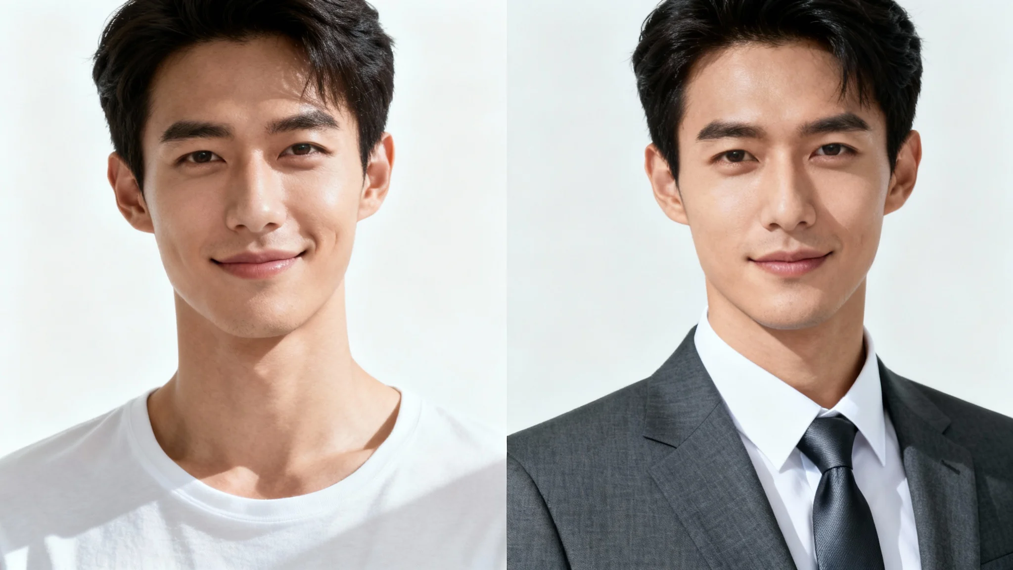 A before-and-after image split down the middle, showing a man in a casual t-shirt on the left and the same man in a professional business suit on the right, against a white background.