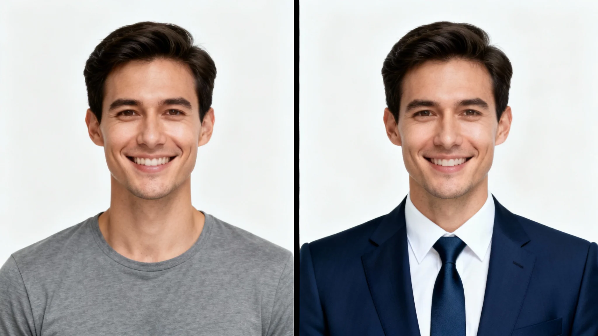 A split-screen before-and-after image showing a man in a casual t-shirt on the left and the same man wearing a professional business suit on the right.
