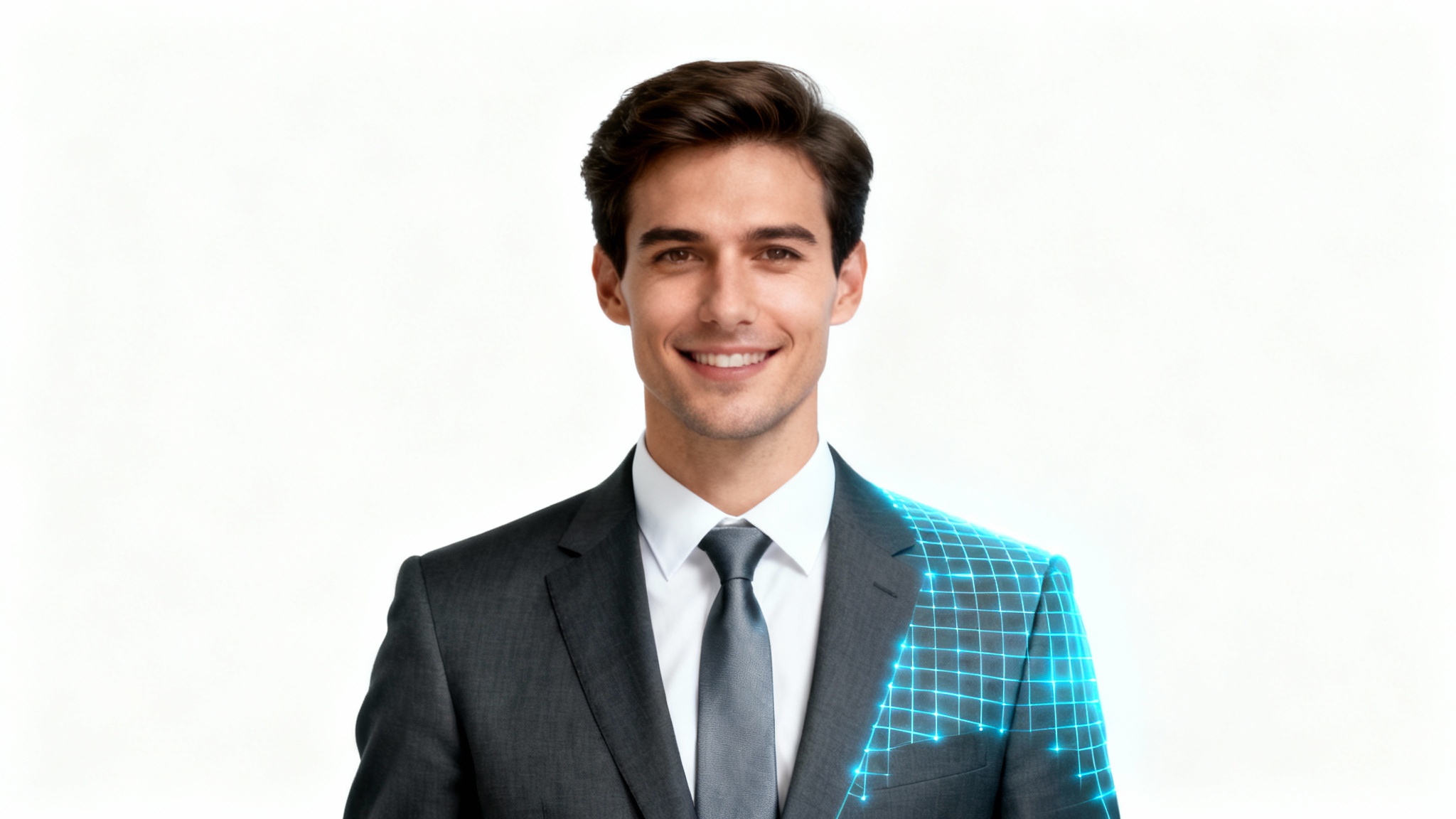 A professional man shown from the chest up, wearing a perfectly fitted dark suit that has a subtle digital grid effect, symbolizing a suit being digitally added to his photo.