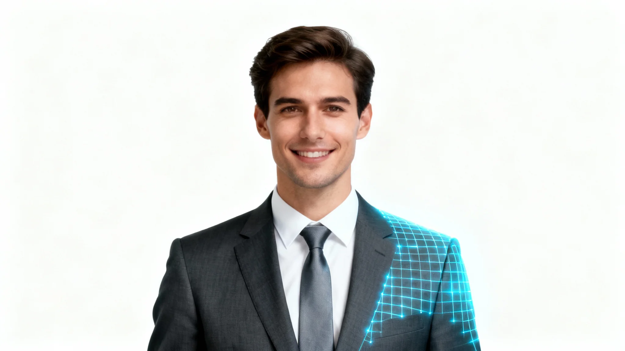 A professional man shown from the chest up, wearing a perfectly fitted dark suit that has a subtle digital grid effect, symbolizing a suit being digitally added to his photo.