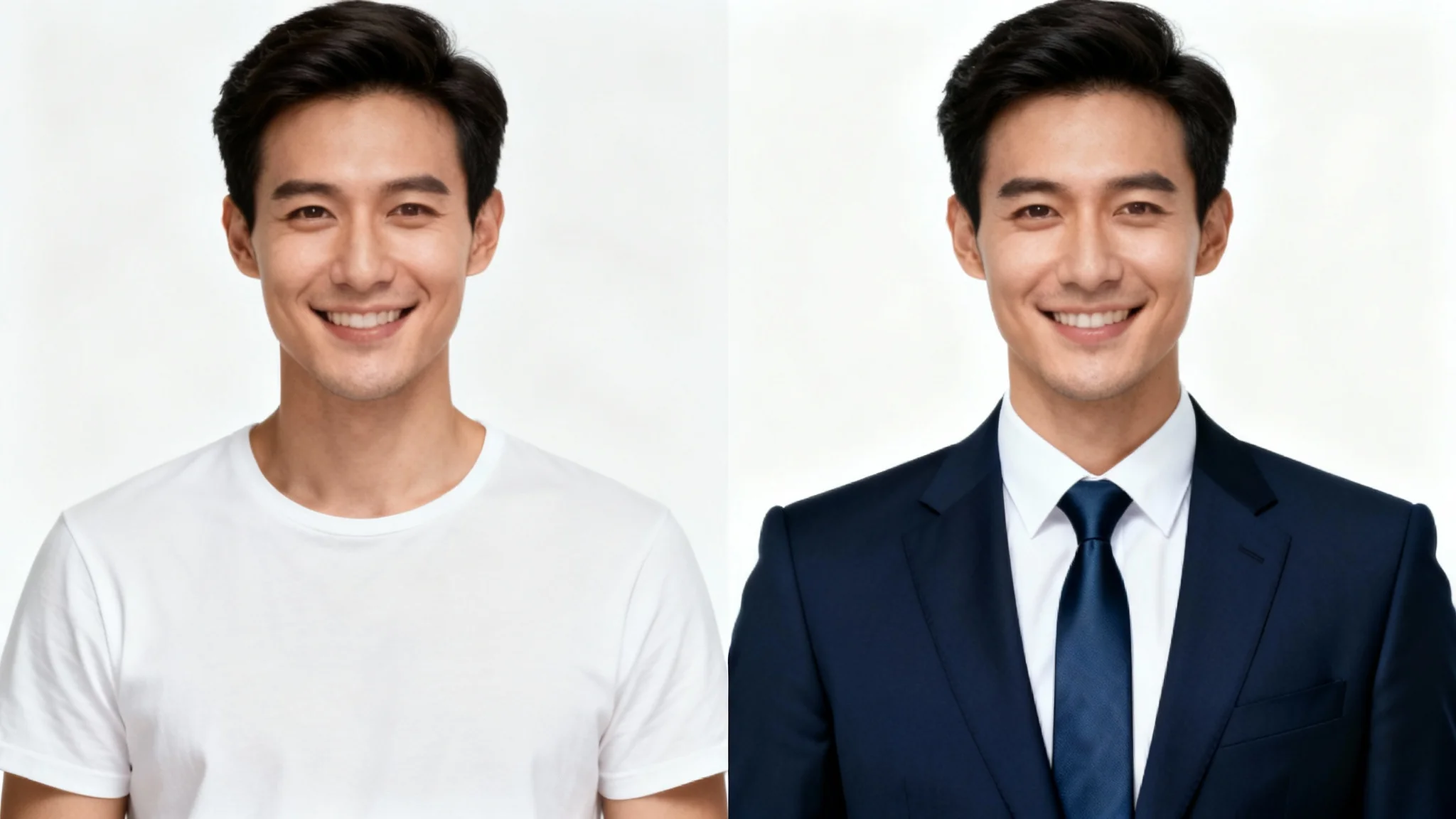 A before-and-after comparison photo. On the left, a man in a casual t-shirt. On the right, the same man is professionally dressed in a full business suit, demonstrating the photo editing service.