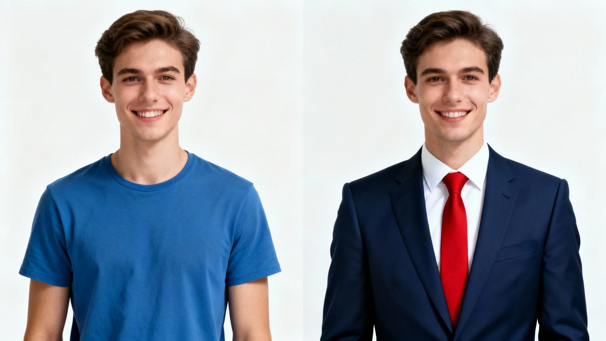 A before-and-after comparison image showing a man in a casual t-shirt on the left and the same man digitally fitted with a professional business suit on the right.