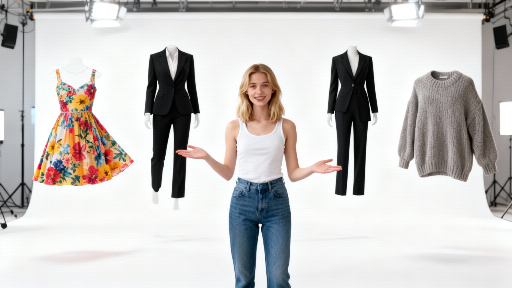 A woman in a studio demonstrates an AI clothing replacement feature, with photorealistic outfits like a dress, suit, and sweater displayed around her.