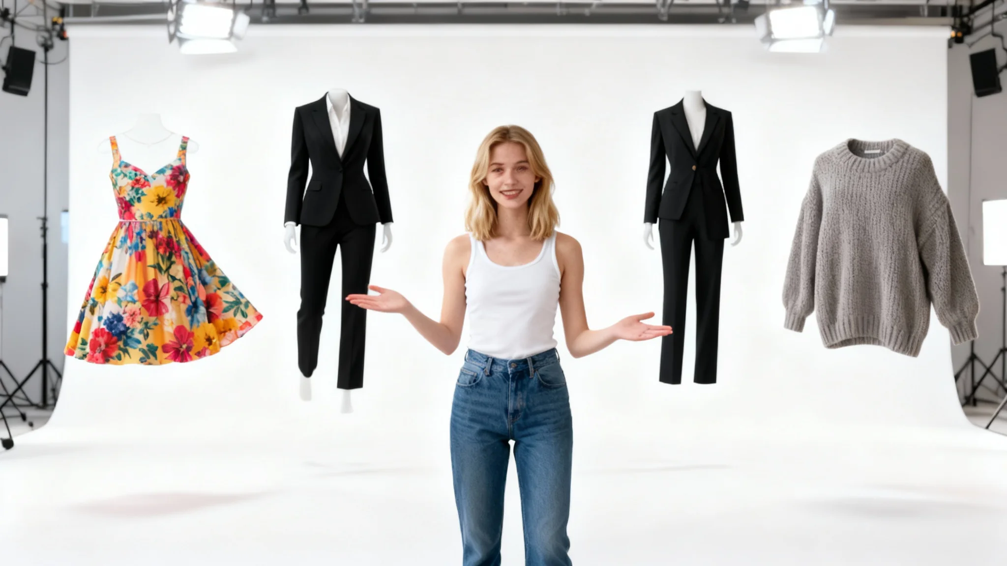 A woman in a studio demonstrates an AI clothing replacement feature, with photorealistic outfits like a dress, suit, and sweater displayed around her.