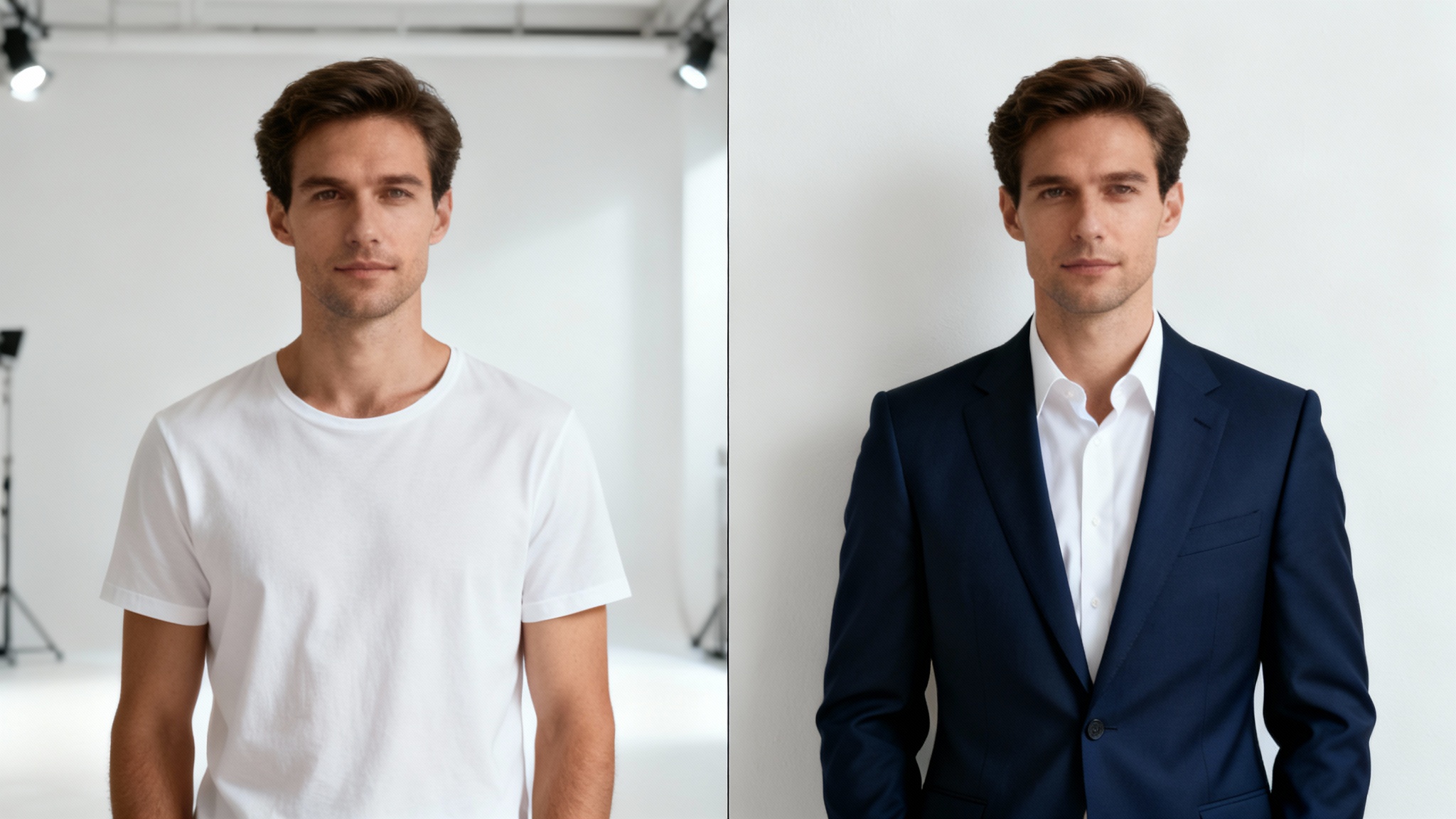 A conceptual image of virtual clothing replacement, showing a man in a split view. On the left, he wears a casual t-shirt, and on the right, he is in the same pose but wearing a formal business suit, all against a clean white background.