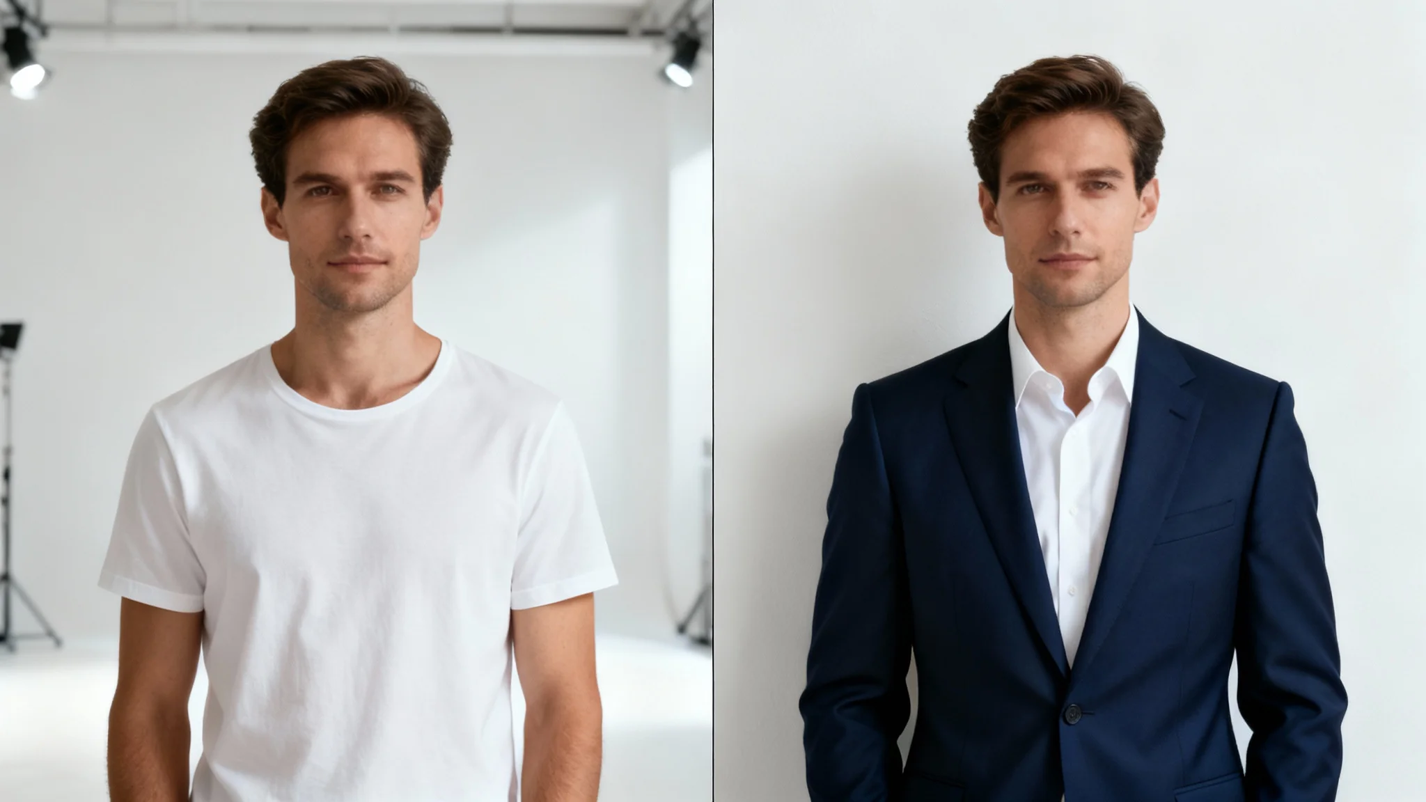 A conceptual image of virtual clothing replacement, showing a man in a split view. On the left, he wears a casual t-shirt, and on the right, he is in the same pose but wearing a formal business suit, all against a clean white background.