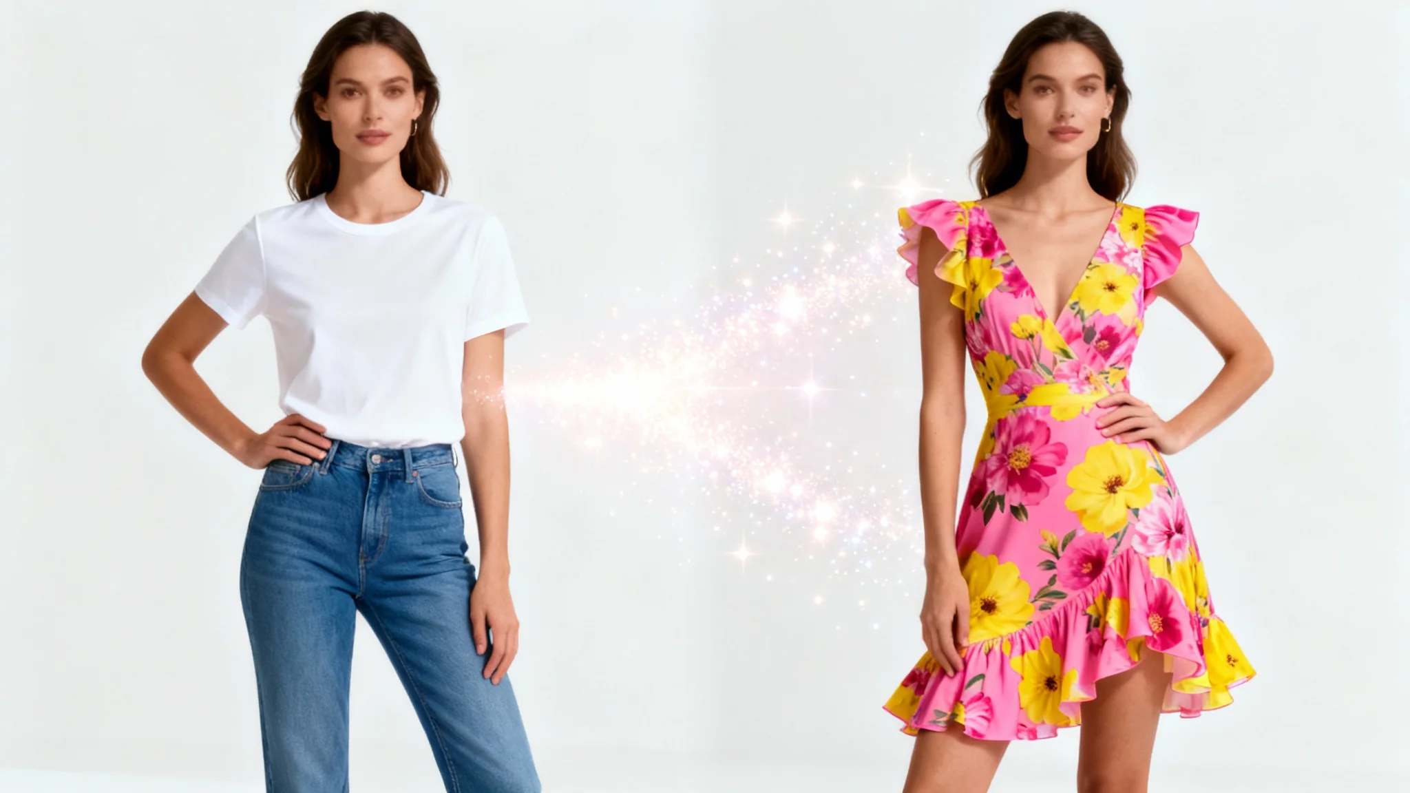 A full-body shot of a woman against a white background, demonstrating a clothing replacement feature. The left half shows her in a casual t-shirt and jeans, while the right half shows her in the same pose but wearing an elegant floral dress.