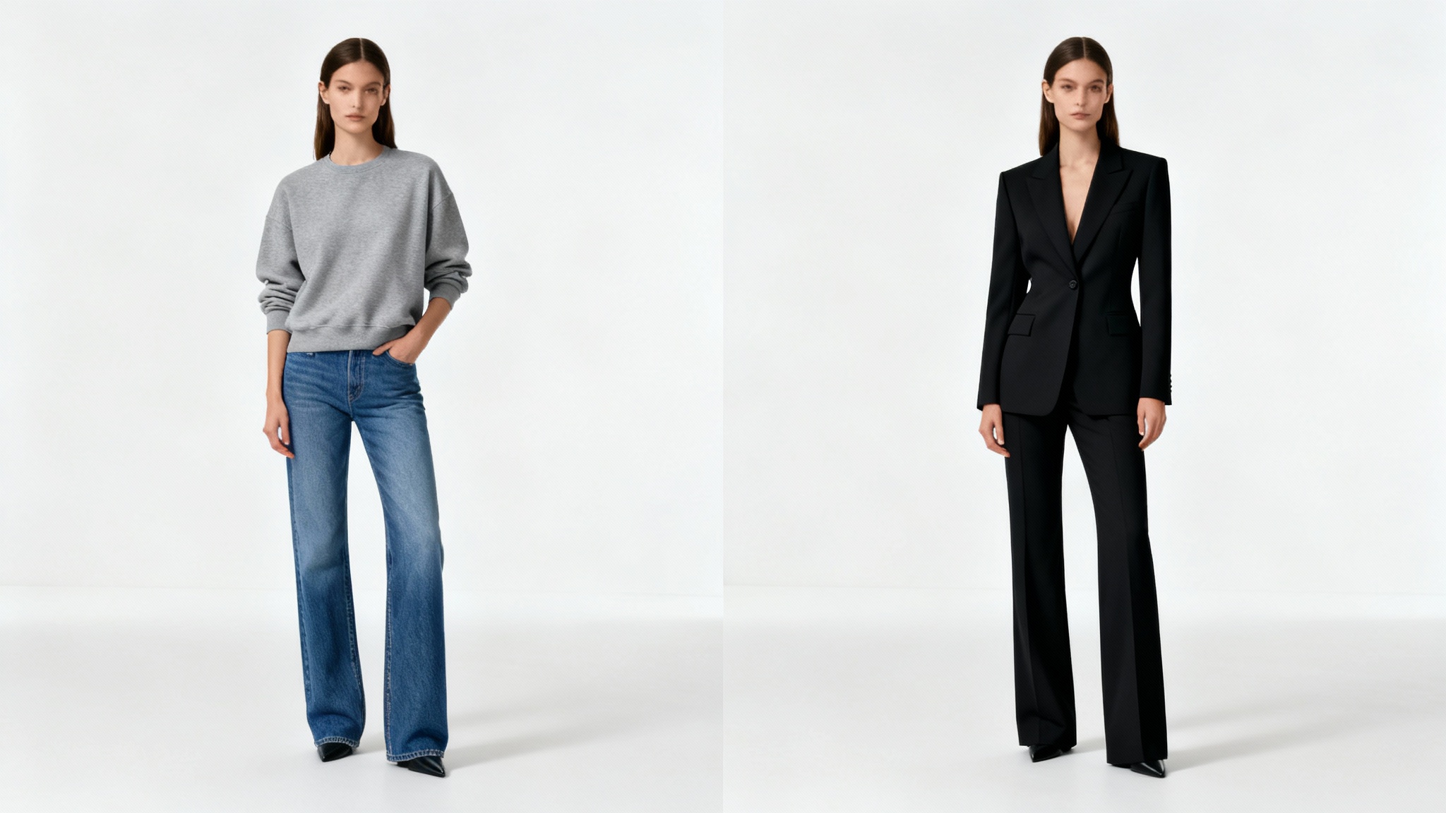 A side-by-side comparison of a woman in two different outfits, demonstrating a virtual clothing replacement. On the left, she is in casual wear; on the right, she is in professional attire.