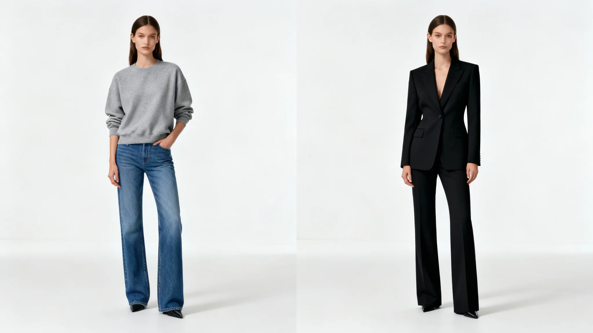 A side-by-side comparison of a woman in two different outfits, demonstrating a virtual clothing replacement. On the left, she is in casual wear; on the right, she is in professional attire.