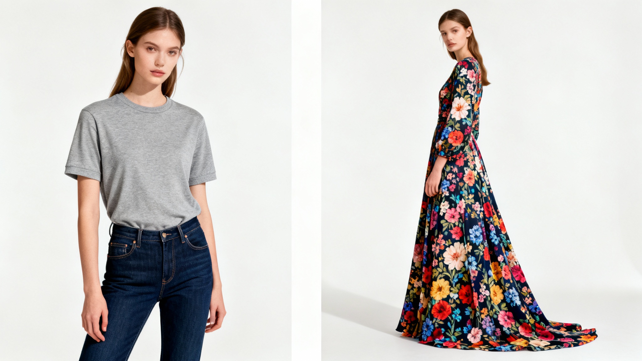 A side-by-side comparison showing a woman in two different outfits: on the left, she wears a casual t-shirt and jeans, and on the right, the same woman wears an elegant floral dress, illustrating a virtual clothing replacement.