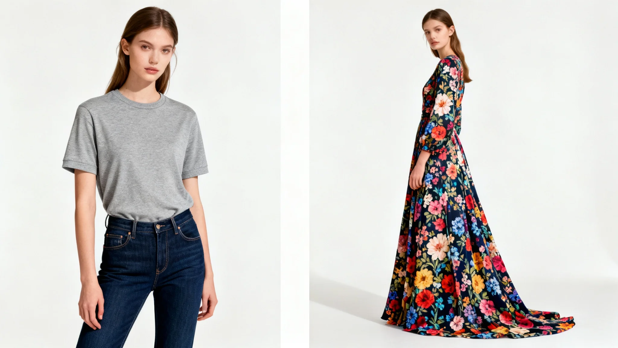 A side-by-side comparison showing a woman in two different outfits: on the left, she wears a casual t-shirt and jeans, and on the right, the same woman wears an elegant floral dress, illustrating a virtual clothing replacement.