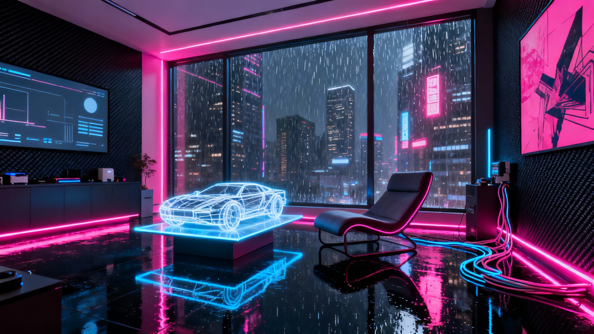 A professionally rendered image of a futuristic cyberpunk room with pink and blue neon lights, a holographic table, and a large window overlooking a rainy city at night.